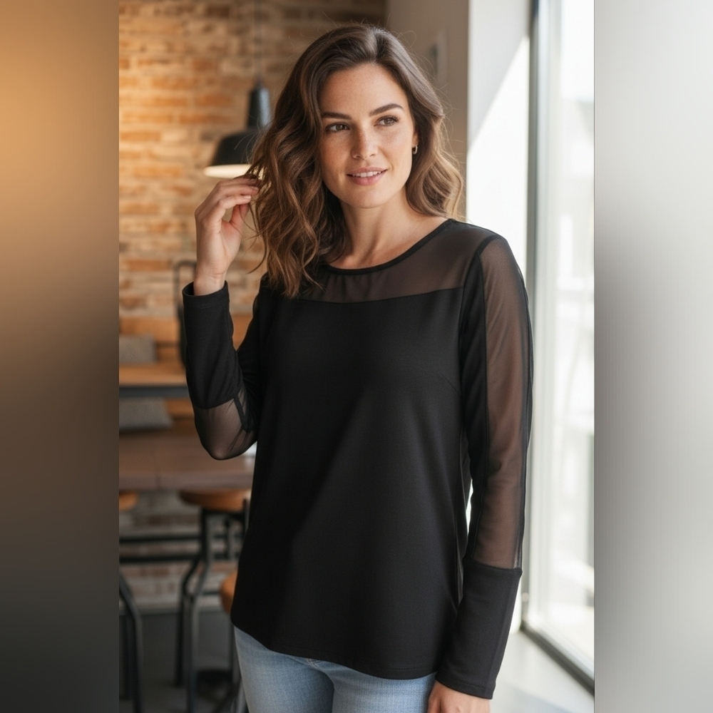 LOVE SAM Sheer Panel long Sleeve Blouse Black. Size Small